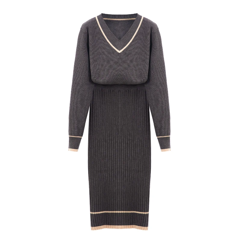 Autumn Winter 2 Piece Set Women Sweater Sets Warm V-Neck Knitted Pullover+ High Waist Midi Skirt Suit Female Two Piece Set