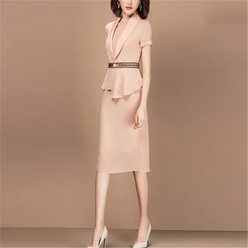 

2020 New Arrival Fashion Dress Suits Women Set Chiffon Knee Length 2 Two Piece Spring Summer Elegant Office Lady Outfits Female