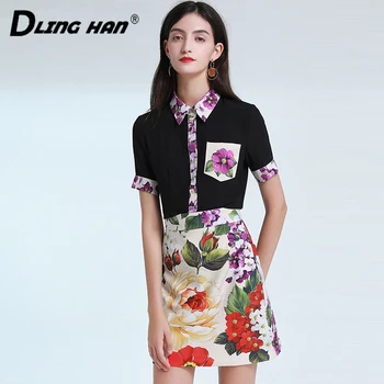 

LINGHAN 2020 Summer Women 2 Piece Suit Designer Short Sleeve Black Blouse Top + Print Mini Skirt Twinset New Fashion Lady