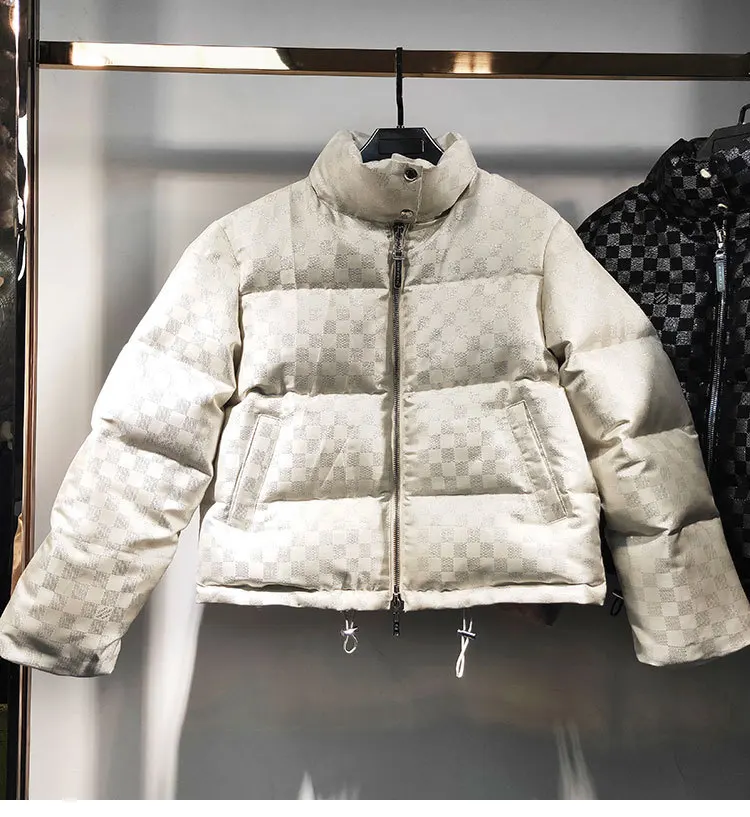 Для женщин куртка пуховик с воротником стойкой и вшивным квадратный клетчатый