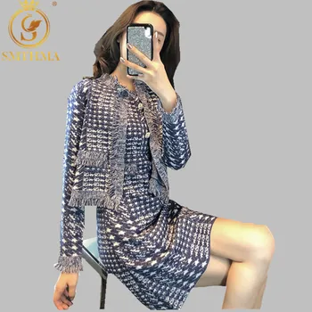 

Autumn and winter knitted Diamond button sleeveless Houndstooth Dress + knitted cardigans Long sleeve coat Two piece Dress Sets