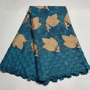 

Blue And Golden African Cotton Lace Fabric With Eyelet Embroidery Nigerian Swiss Voile Lace In Switzerland Party