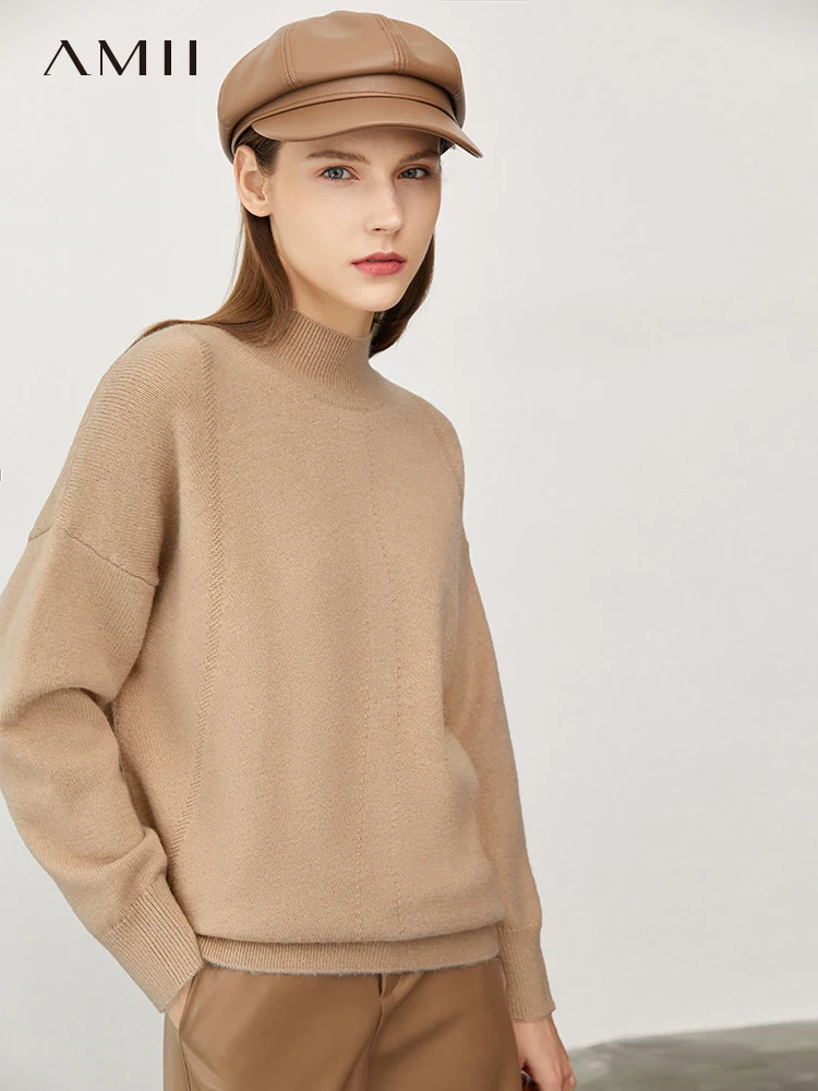 

Amii Minimalism Women's Sweaters Autumn New Mock Neck Loose Knitted Tops Fashion Solid Pullovers Female Clothes Sweater 12170615