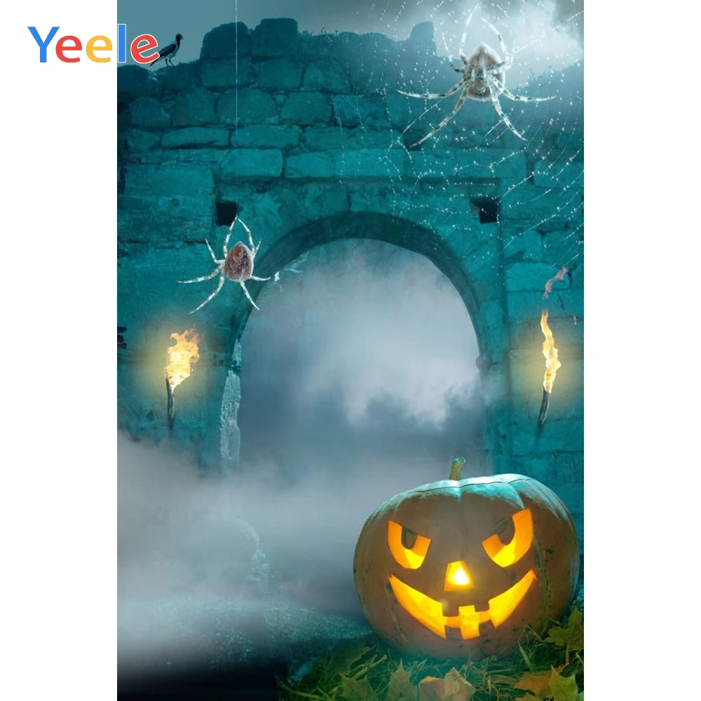 

Halloween Photo Background Pumpkin lantern Spider Arched Door Stone Wall Photocall Photography Backdrop Vinyl For Photo Studio