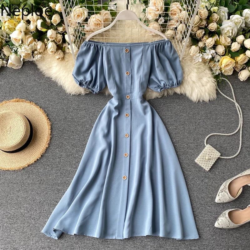 Neploe Sexy Slash Neck Dress Womensolid Single Breasted Puff Sleeve Vestidos Summer 2021 Elegant Slim Waist Female Dresses | Женская