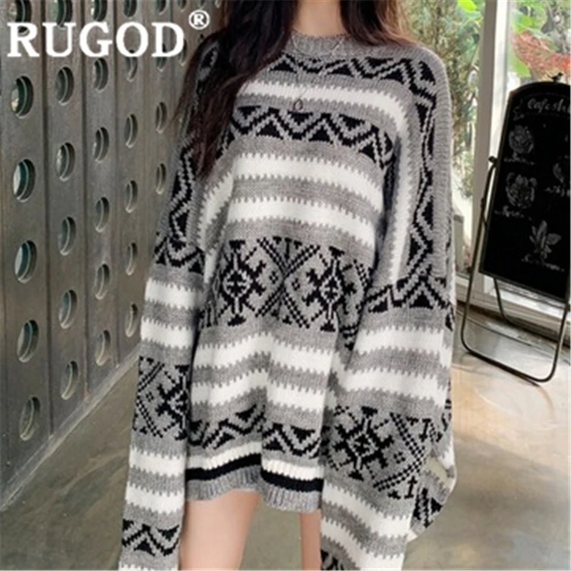 RUGOD pull femme Рождество Круглый вырез свободные длинные геометрические снежинки узор Мода femme Винтаж свитер пуловер корейский вязаный