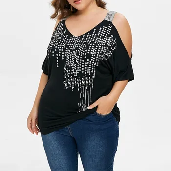 

2020 Summer New Fashion Womens New Halter Shoulder Drop Dot T-shirt Casual Cotton Polka Dot V-Neck Casual Plus Size