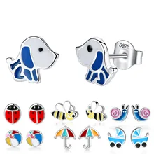 Твердые 925 стерлингового серебра маленькие серьги для женщин, девушек, детей, автомобиль мяч Божья коровка собака стильные серьги эмаль ювелирные изделия Рождественский подарок