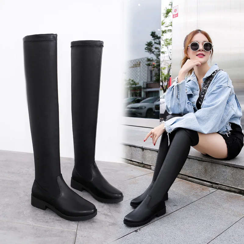 

Leather Boot Women's Hose Flat Heel Boots 2019 Autumn And Winter New Style Versatile round Flat over-the-Knee Boots Horseshoe He