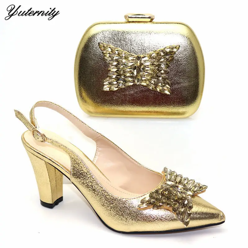 

Latest Design Decoration With Butterfly Woman Shoes And Bag Set African High Heels Shoes And Matching Bag For Wedding Size 38-42