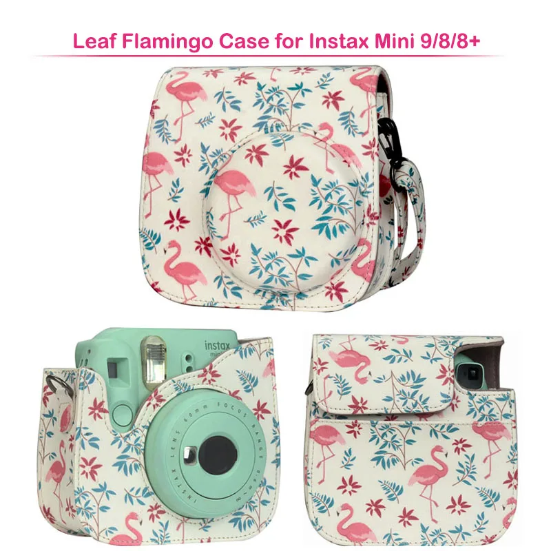 Новое поступление, качественный чехол для камеры из искусственной кожи, сумка с плечевым ремнем для Fuji FujiFilm Instax Mini 9/8+/8 Polariod camera s - Цвет: Leaf Flamingo Case