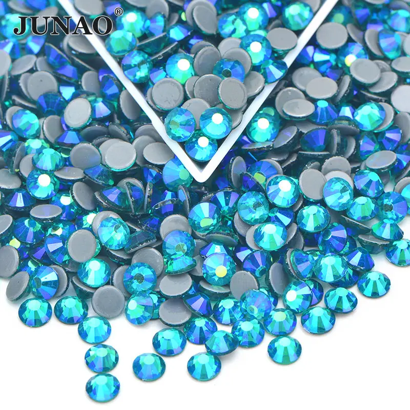 Blue Zircon JUNAO SS6 8 10 12 16 20 30 блеск светлый розовый с напылением АВ Hot Fix Кристаллы Стразы Круглый Flatback Стразы, бриллианты для свадебных платьев - Цвет: Blue Zircon