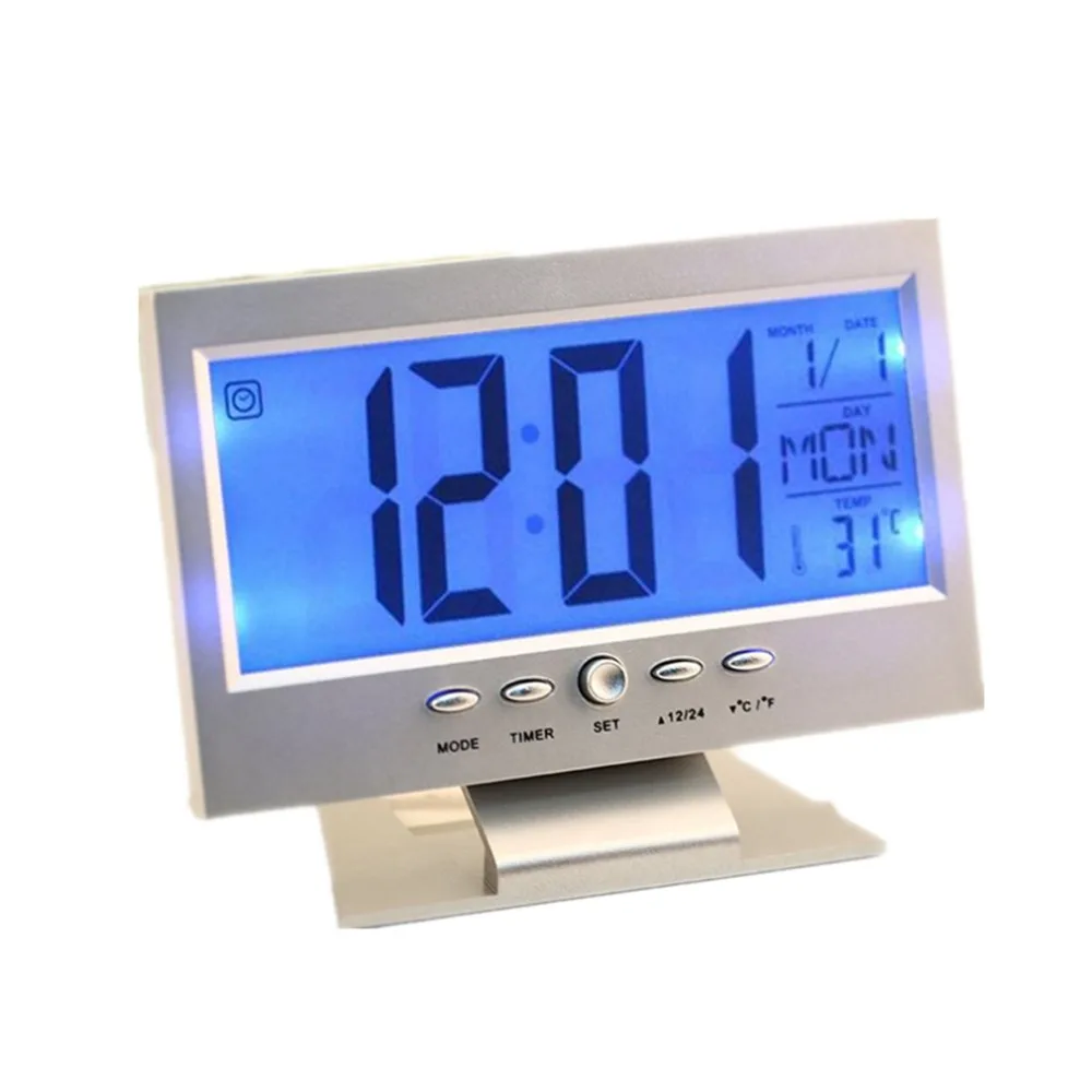 

Voice Control Back-light LCD Alarm Clock Weather Monitor Calendar With Timer Sound Sensor Temperature Decor Desktop Table Clock