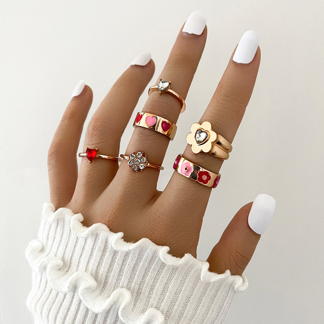 Colorful Enamel Finger Ring Set For Women Heart Butterfly Flower Crystal Kunckle Rings Fashion Lady Party Jewelry