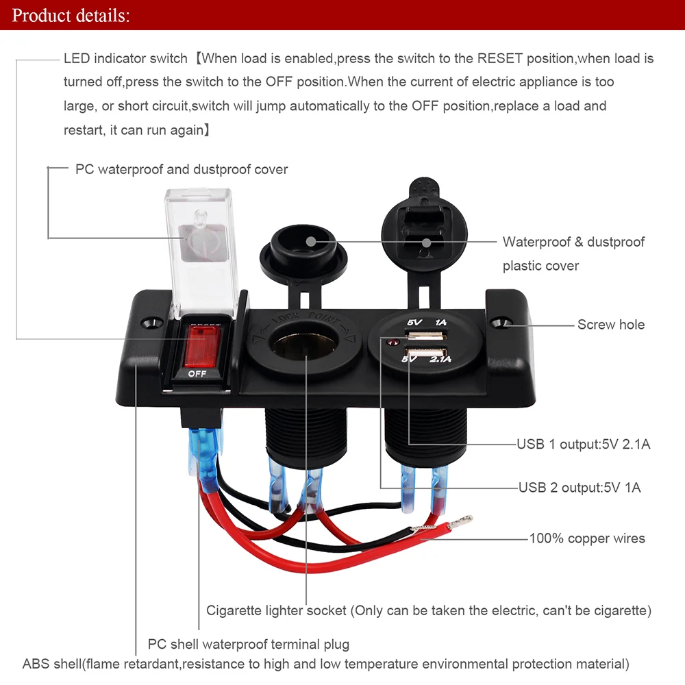 5PIN 3 банда кулисный переключатель панель+ 12 В розетка+ двойной USB зарядное устройство с красным светодиодный светильник индикатор для лодки морской/Автомобильный