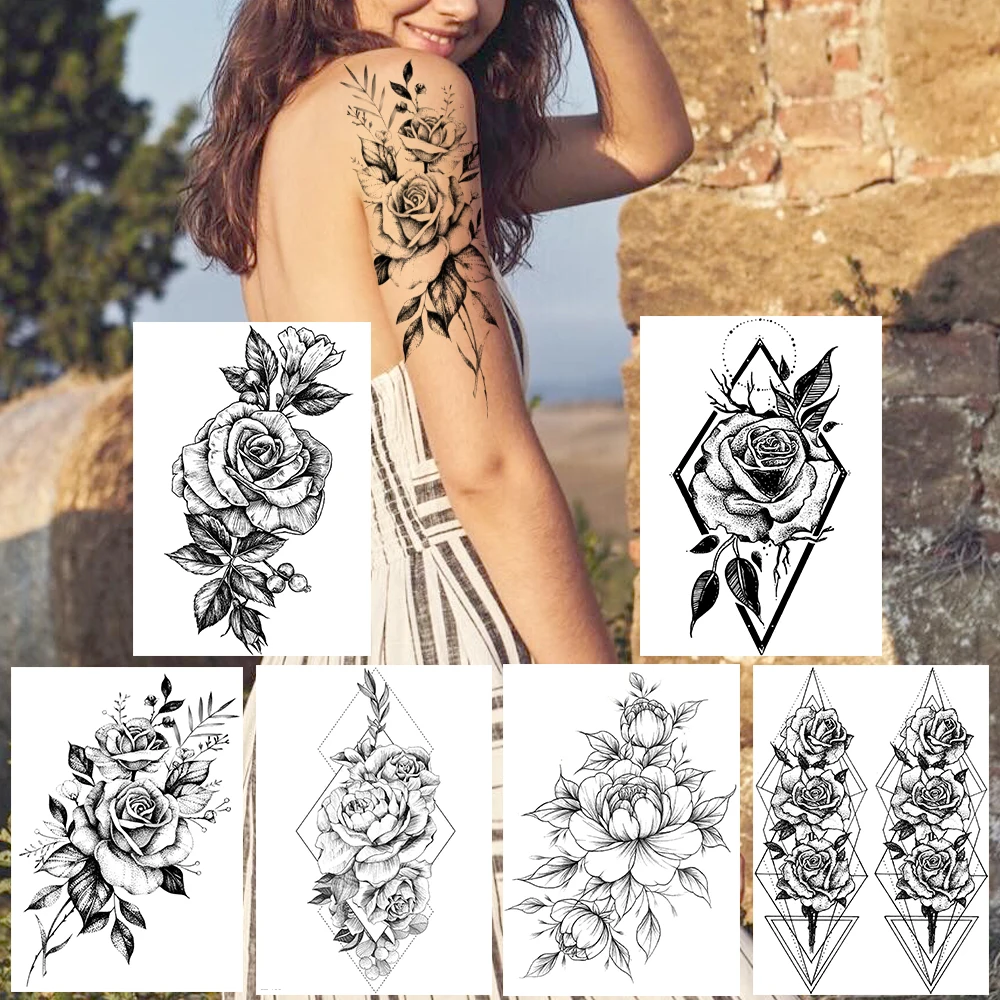 

Geometric Flower Temporary Tattoos For Women Girl Fashion Body Art Arm Tattoo Fake Black Waterproof Rose Poney Tatoo For Holiday
