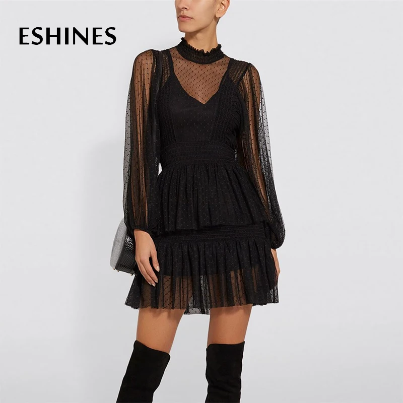 

ESHINES Sexy Black Polka Dot Mini Party Dress Autumn See Through V-Neck Ruffles Backless Lantern Sleeve Cake Dress