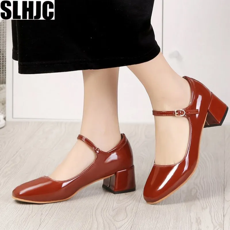 

SLHJC Autumn Leather Pumps Women Med Square Heel Pointed Toe Slip On OL Lady Heels 5 cm V Mouth Sexy Stylish Work Office Shoes