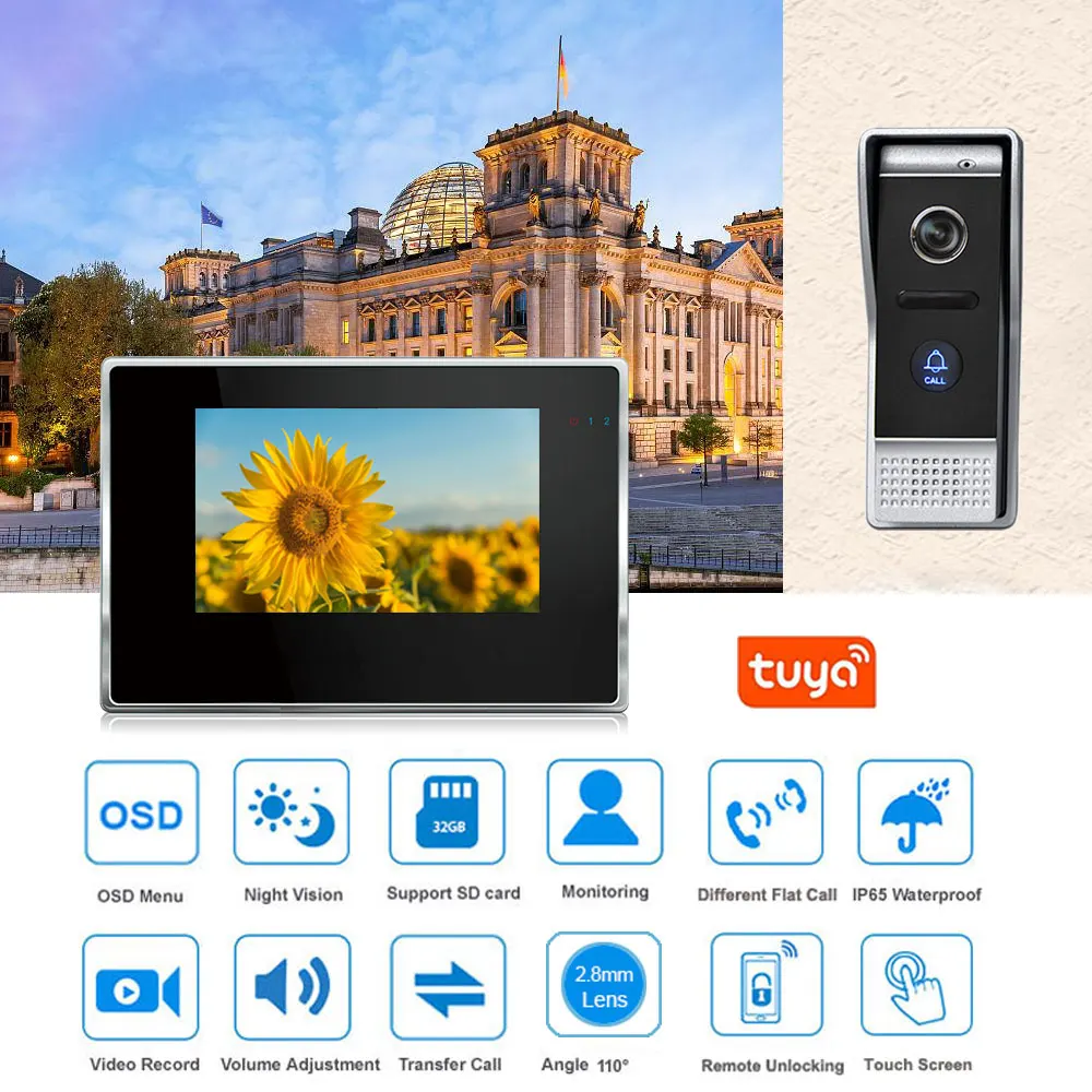Sistema de Vídeo Porteiro com Dispositivo de Visão sem Fio 7 Wifi Noturna Câmera Detecção Movimento Branco - Preto 2 Monitores Toque App Telefone 1 Sem fio 7