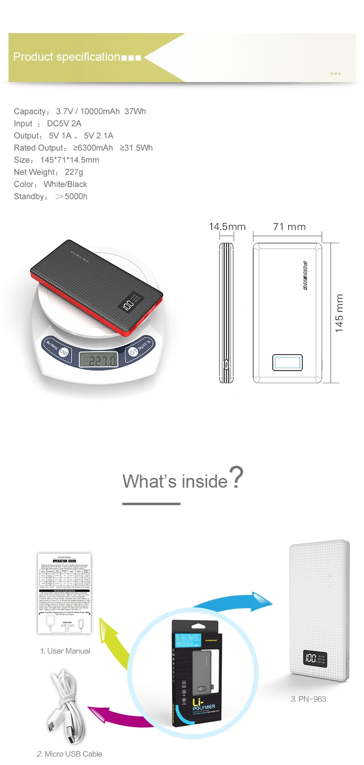 Зарядное устройство для планшета/телефона power bank PINENG-963 качество товаров 10000 мАч CE 3C зарядка тонкий светильник и вес