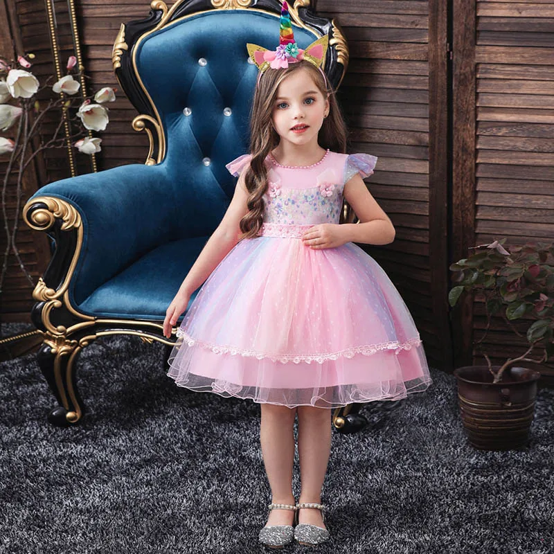 2020 Toddller Kids Unicorn Dresses for Baby Girls Dress Pink Rainbow Birthday Party Princess Dress Purple Costume Pageant Outfit (10)