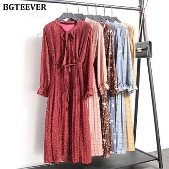 

BGTEEVER Bow Neck Lace-up Chiffon Dress Women 2020 Spring Summer Floral Print Female Pleated Dress Ladies Loose Midi Vestidos