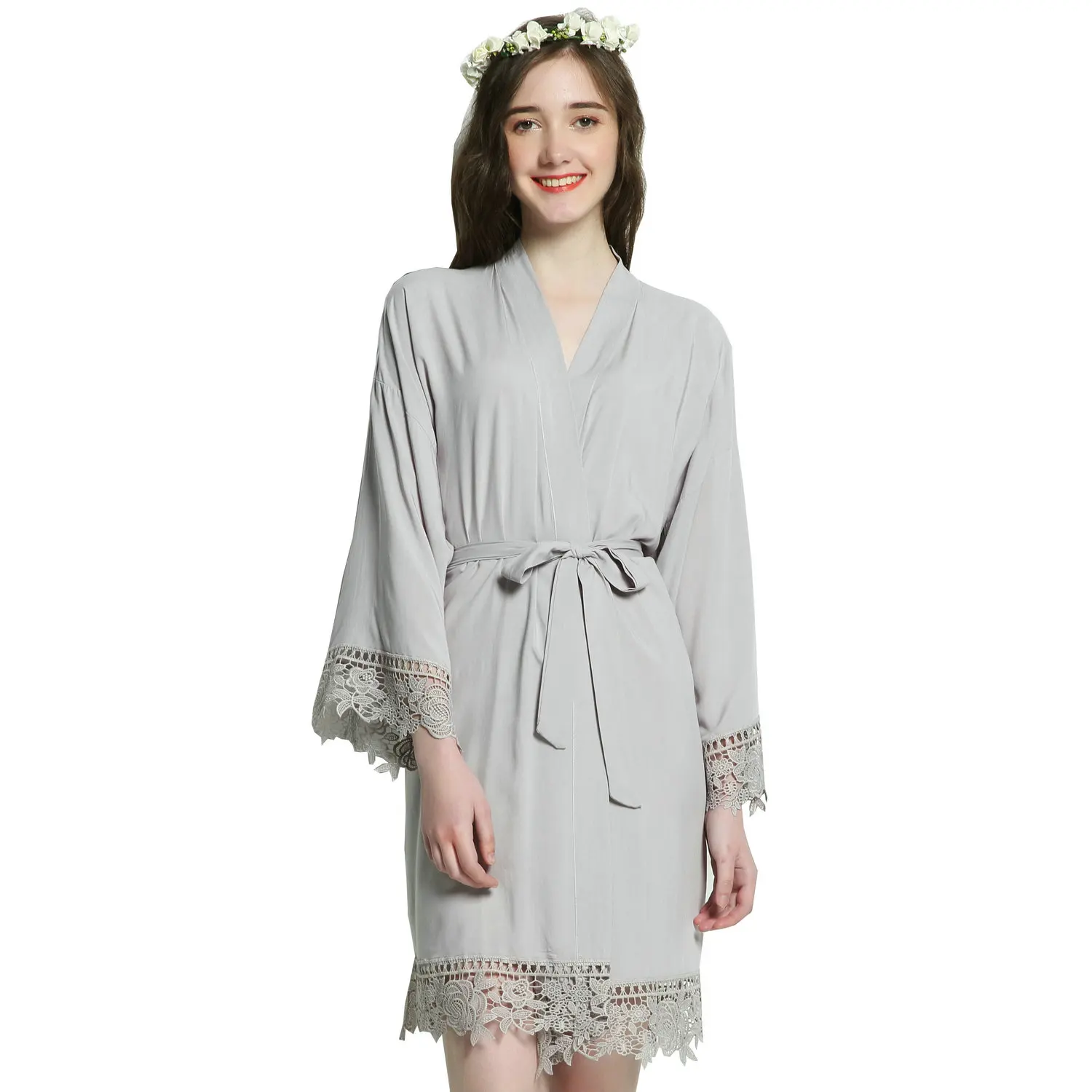 

YUXINBRIDAL Solid bride Cotton Kimono Robes With Lace Trim Women Wedding Bridal Robe Short Belt Bathrobe