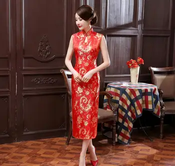 

Elegant Red Wedding Dress Traditional Chinese Women Sleeveless Cheongsam Vintage Long Dresses Sexy Slim Qipao