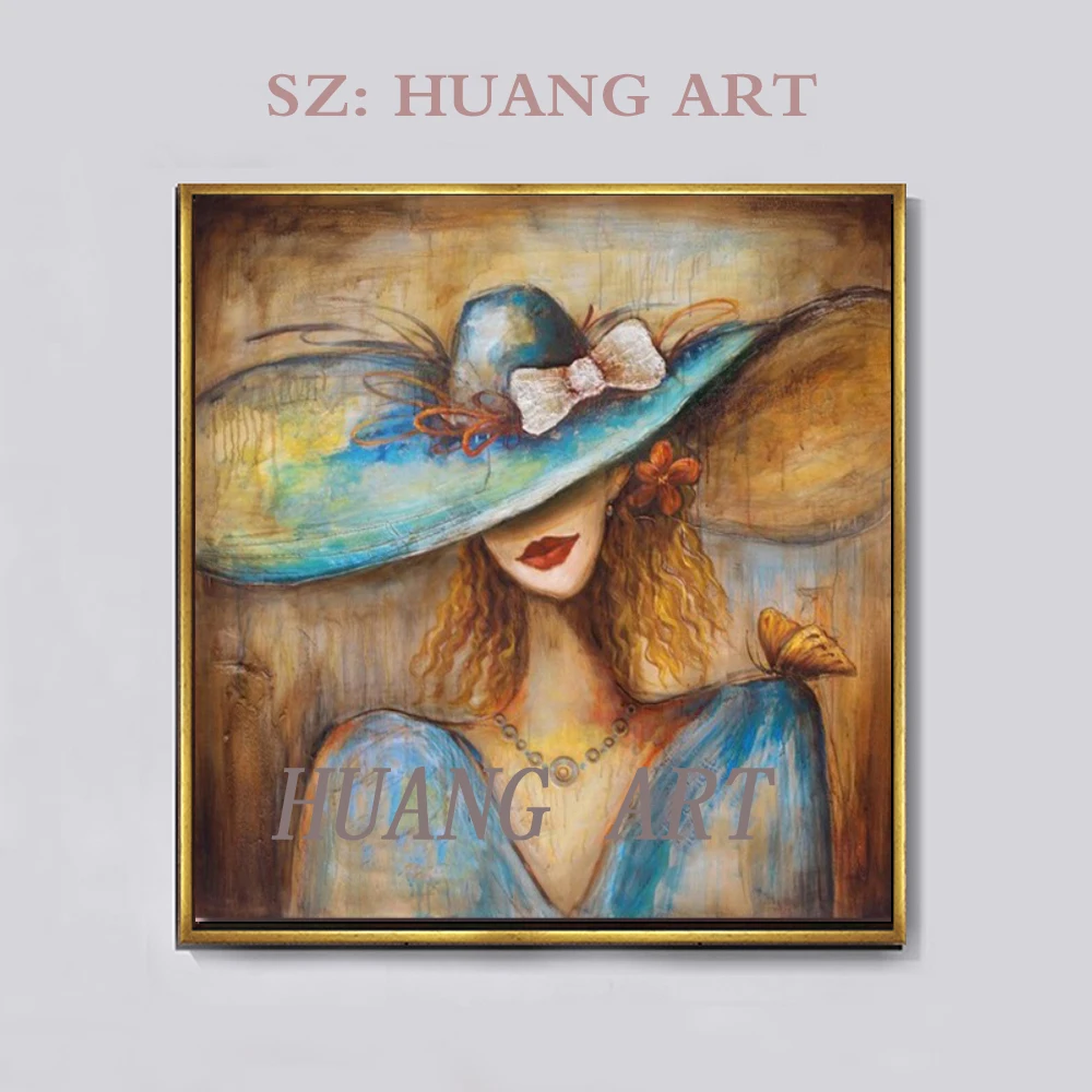 Hand Painted Modern Abstract Girl Wear Hat Oil Painting On Canvas Woman Wall Picture Living Room Decoration No Frameds | Дом и сад