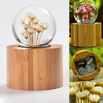 

Daisy Flower Mechanism Music Box Hand Crank Mechanical Musical Box Crystal Glass Ball Wooden Stand Christmas Love Birthday Gift