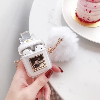 

Luxury brand perfume bottle transparent Accessories silicone case For Airpods 1 2 Wireless Bluetooth Chain hairball cover coque