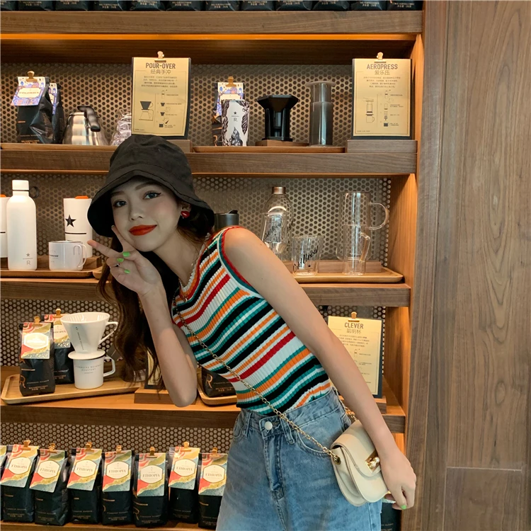 Rainbow Striped Small Halter Korean Harajuku Vest Women's Summer Slim Thin Outer Wear Wild Net Red Sleeveless Knit Top