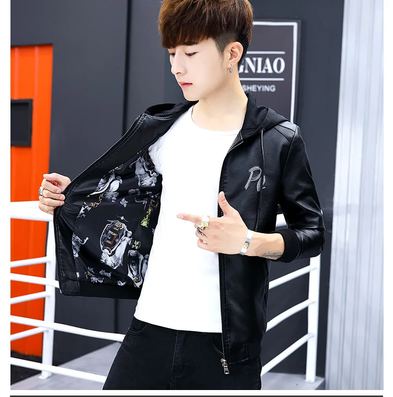 Men Hooded PU Leather Autumn New Style Korean-style Slim Fit Fashion Men'S Wear Teenager Leather Jacket Coat Fashion