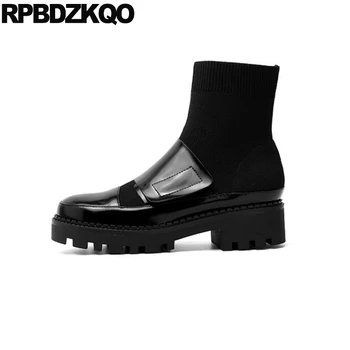 

round toe high heel chunky patent leather designer platform slip on shoes knit 2019 black short women ankle boots medium chinese