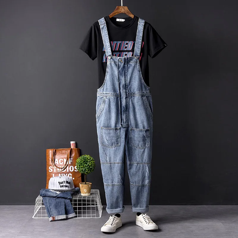 Europe And America Men Denim Bib Overalls Loose Retro Fashion Hip Hop Streetwear Jumpsuit Blue Jeans Pants Freight Trousers