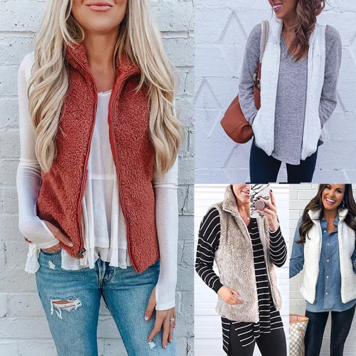 Women Jackets Pockets Zip Vest Coat Knitted Vest Cardigan Sleeveless Coat TY66
