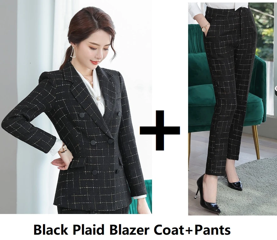 Black Plaid Высокое качество ткани Формальные униформы конструкции брючные костюмы с брюки и куртки пальто для женщин Бизнес Рабочая одежда OL стили блейзеры - Цвет: Black Plaid