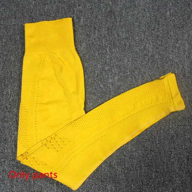 Yellow pants Безупречный вязаный бесшовный комплект для йоги Женская одежда для фитнеса спортивная одежда короткий топ с длинными рукавами+ спортивные сетчатые леггинсы 2 шт. спортивные костюмы - Цвет: Yellow pants