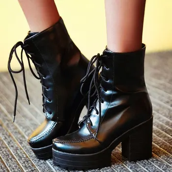 

GIGIFOX Big size 43 Lace-Up Square Heel Female Motorcycle Boots Platform 2020 High Heels Shoes Women Ankle Boots