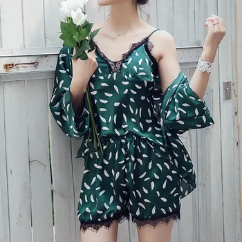 

3Pcs Fashion Pajamas Set For Women Summer Sexy Satin Fashion Print Lace Pajamas Nightwear Underwear Sleepwear Set L42