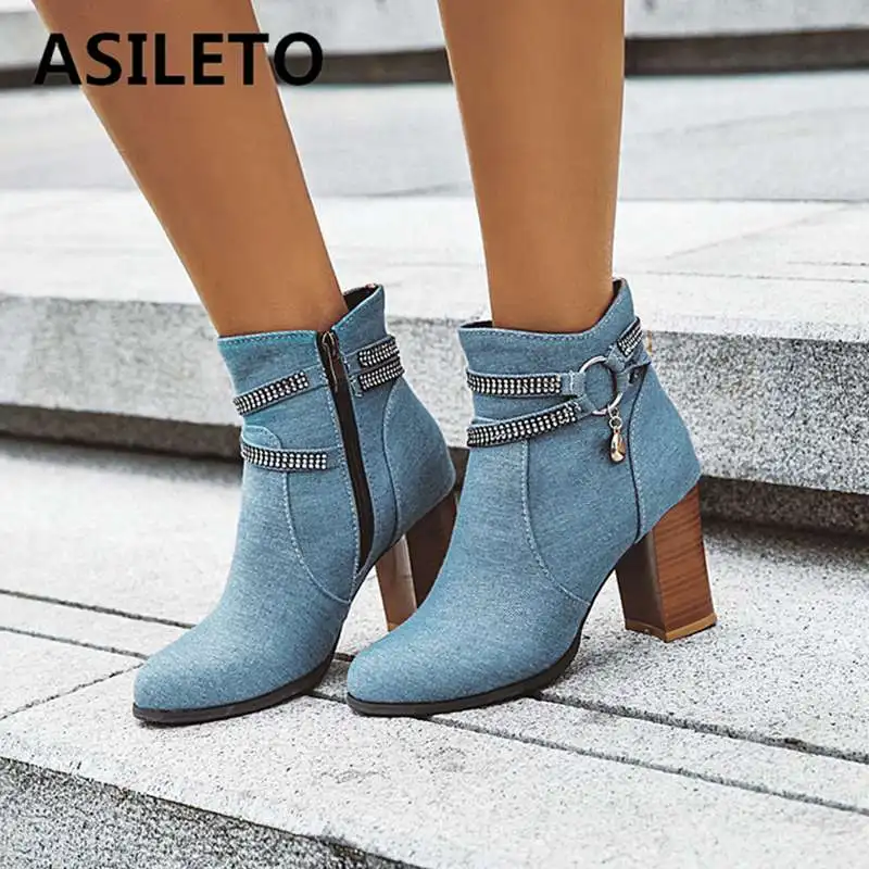 

ASILETO Denim Boots Thick High Heels Womn Ankle booties 2020 New Pointed Toe Lady Shoes zipper Spring Footwear Casual botas bota