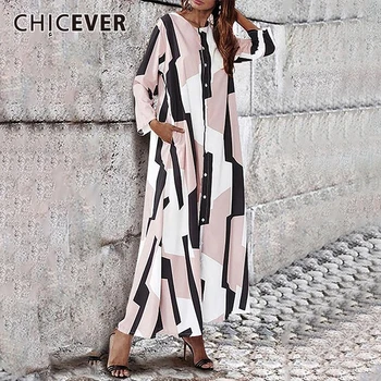 

CHICEVER Korean Print Hit Color Women's Dress O Neck Half Sleeve Plus Size Loose Midi Dresses Female 2020 Fashion Clothes New