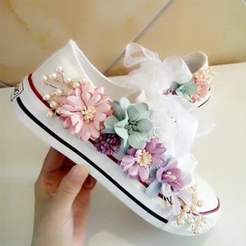

Sneakers Wedges Canvas shoes Women's casual shoes Women's handmade custom Three-dimensional sequins Flowers White Flat