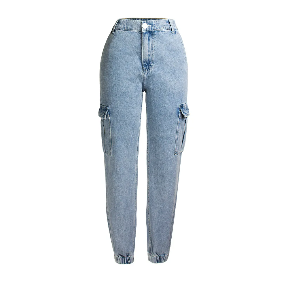 Осенние новые женские джинсы с высокой талией свободные широкие джинсовые штаны-шаровары женский эластичный пояс большие карманные джинсы с инструментами D490