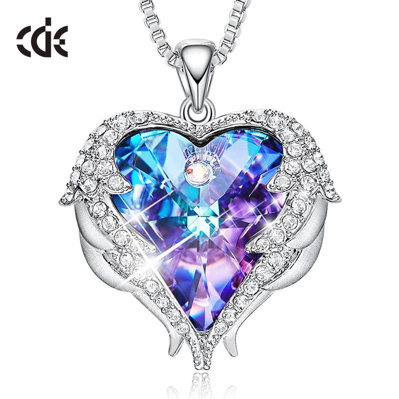 Purple CDE Модные ангельские крылья кулон в форме сердца ожерелье с Кристаллы аметиста для женщин ювелирные украшения подарки на день Святого Валентина - Цвет камня: Purple