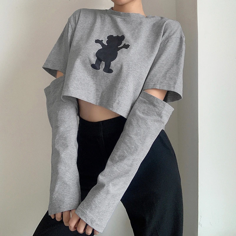 

Cute Bear Print Oversize Gray Hole Sweatshirt Women 2020 Autumn O-Neck Long Sleeved Harajuku Sudaderas Pullover Cropped y2k Tops