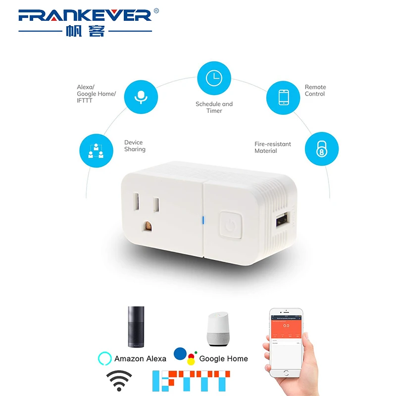 

FRANKEVER Smart Plug WiFi Outlet with 1 USB Port Charger Mini Smart Socket WORK With Alexa Google Home IFTTT Voice Control