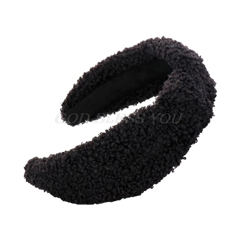 Women Winter Thick Fluffy Plush Headband Solid Color Twist Knot Wide Hair Hoop - Цвет: BK