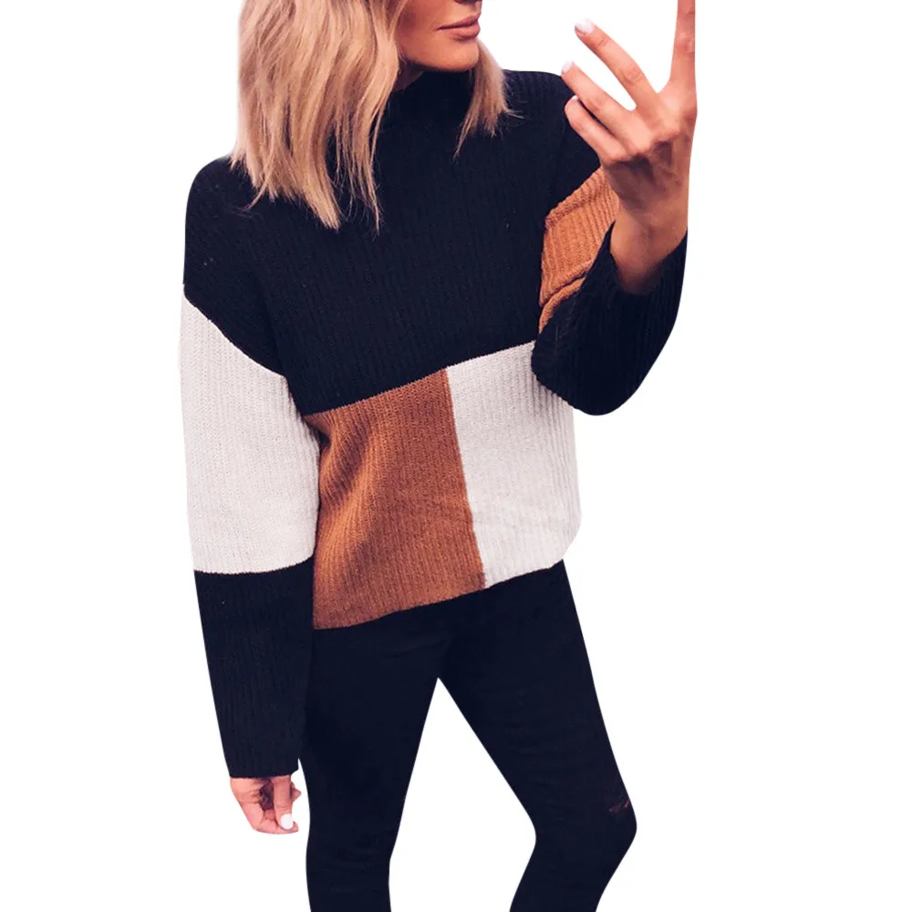 Jaycosin Women Colorblock Stand Long Sleeve Knitted Sweater Coat Autumn Long Sleeve Elegant Casual Stylish Top Blouse 