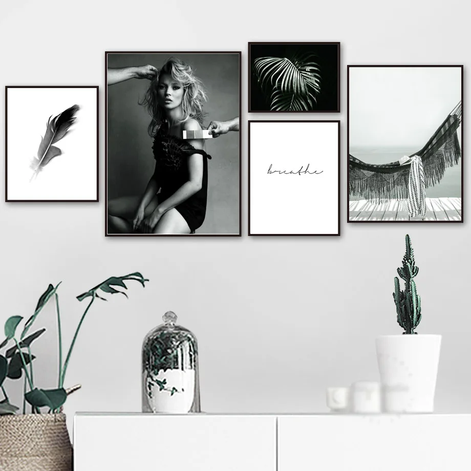 Black-White-Girl-Palm-Feather-Landscape-Wall-Art-Canvas-Painting-Nordic-Posters-And-Prints-Wall-Pictures(1)